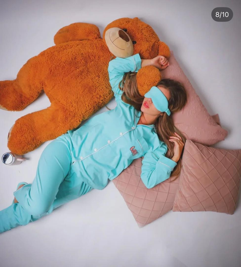 Turquoise two-piece winter pajamas - خمري0-L