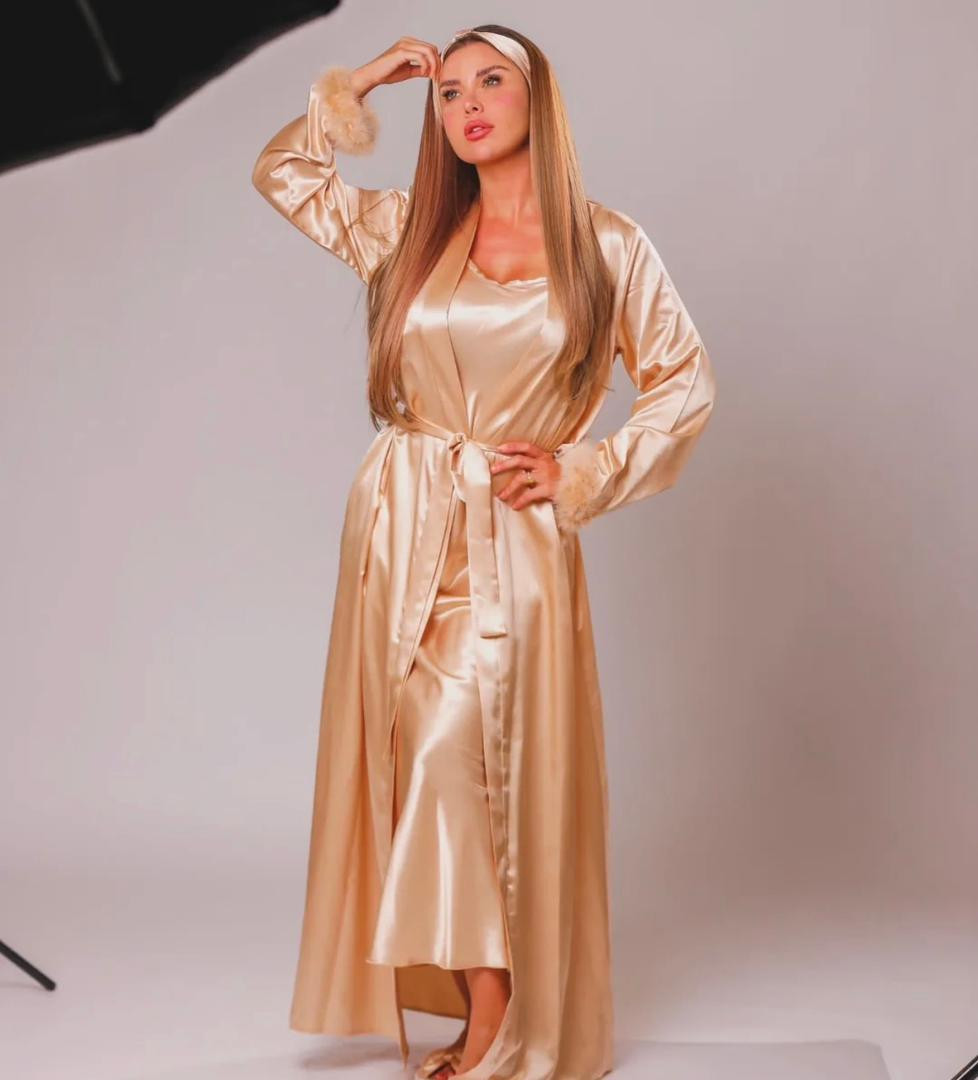 Light pink satin pajamas - بيجلامع-XL